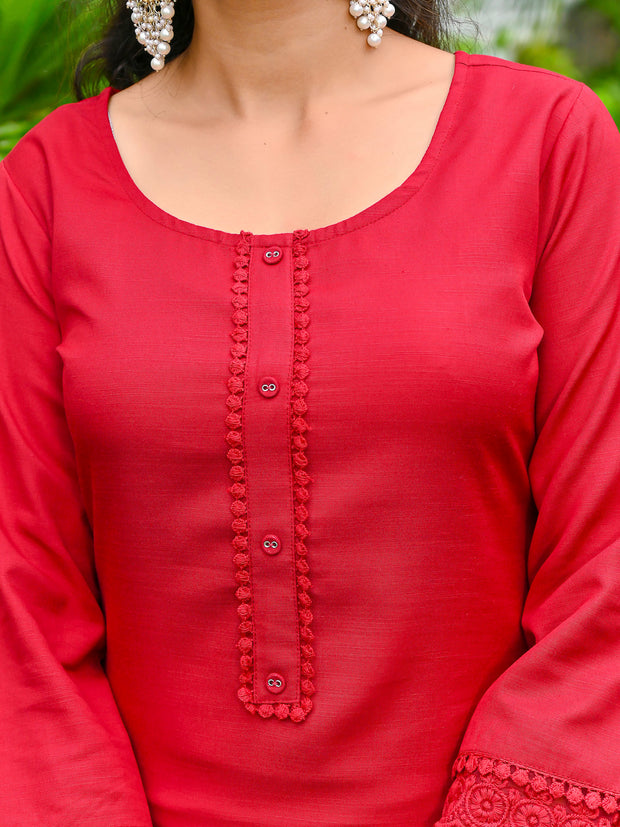 Maroon Solid Straight Kurta Set With Printed Dupatta for Women