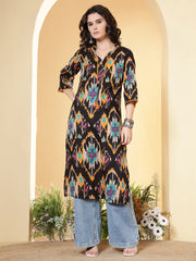 Black Printed Straight Kurta with Three Quarter Sleeves