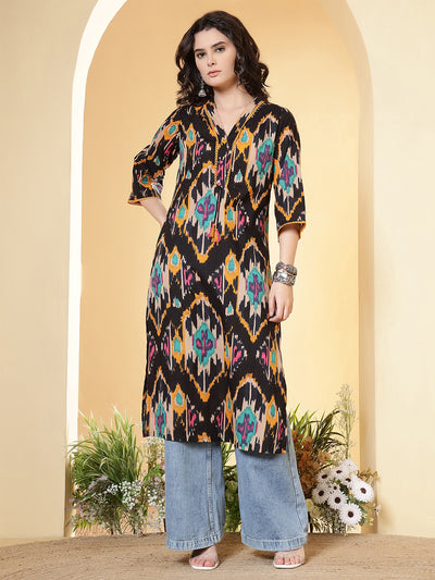 Black Printed Straight Kurta with Three Quarter Sleeves
