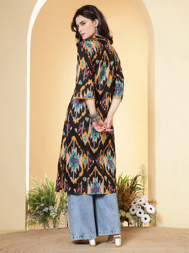 Black Printed Straight Kurta with Three Quarter Sleeves