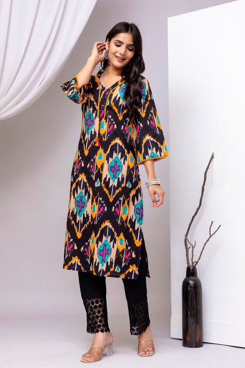 Black Printed Straight Kurta with Three Quarter Sleeves