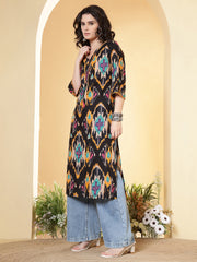 Black Printed Straight Kurta with Three Quarter Sleeves