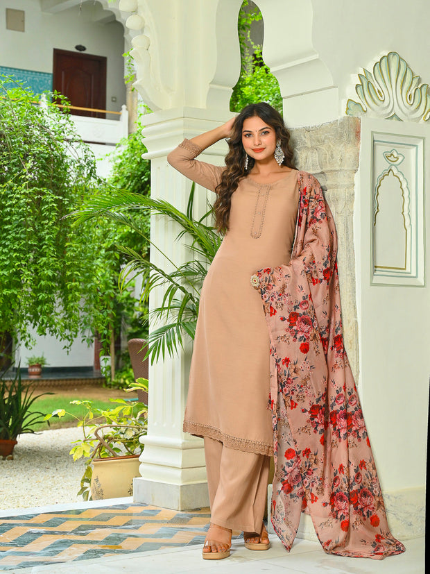 Beige Solid Straight Kurta Set With Printed Dupatta for Women