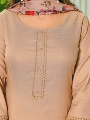 Beige Solid Straight Kurta Set With Printed Dupatta for Women
