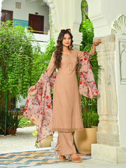Beige Solid Straight Kurta Set With Printed Dupatta for Women