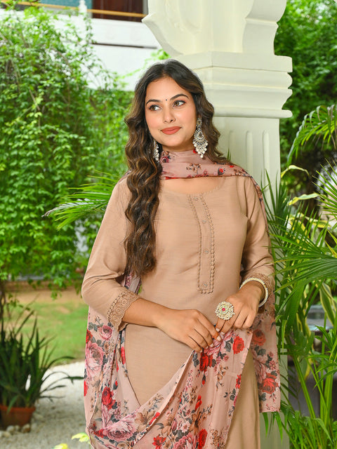 Beige Solid Straight Kurta Set With Printed Dupatta for Women