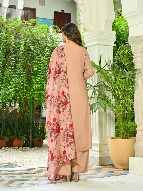 Beige Solid Straight Kurta Set With Printed Dupatta for Women