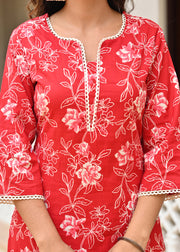 Red Printed Straight Kurta & Trouser With Dupatta for Women