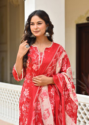 Red Printed Straight Kurta & Trouser With Dupatta for Women