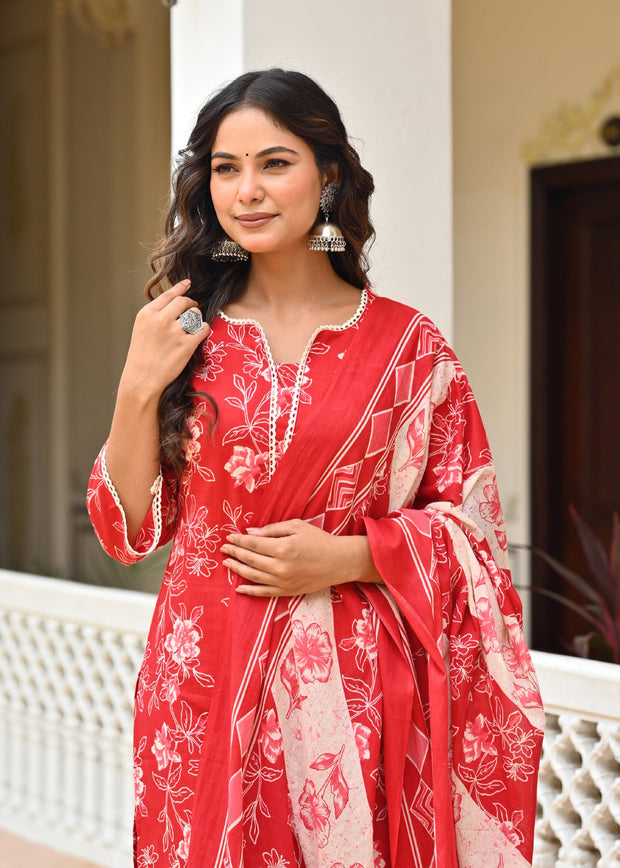 Red Printed Straight Kurta & Trouser With Dupatta for Women