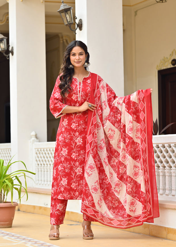 Red Printed Straight Kurta & Trouser With Dupatta for Women