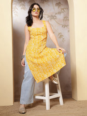 Women Yellow Printed Straight Sleeveless Kurta