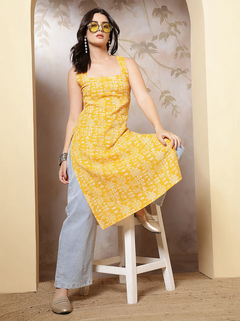 Women Yellow Printed Straight Sleeveless Kurta