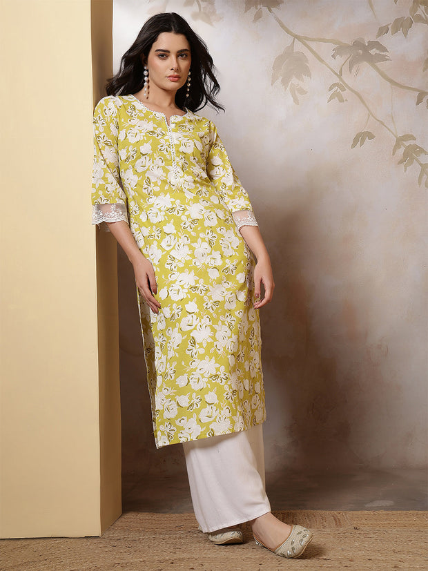 Lime Green Printed Straight Kurta with Three Quarter Sleeves