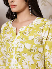 Lime Green Printed Straight Kurta with Three Quarter Sleeves
