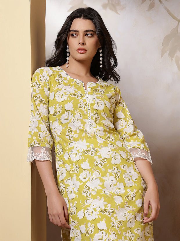 Lime Green Printed Straight Kurta with Three Quarter Sleeves