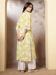 Lime Green Printed Straight Kurta with Three Quarter Sleeves