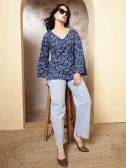 Women Blue Printed Straight Tunic