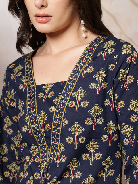 Blue Printed Straight Kurta with Three Quarter Sleeves