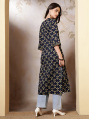 Blue Printed Straight Kurta with Three Quarter Sleeves