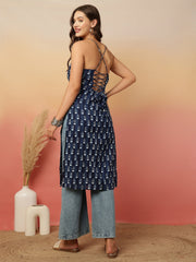Navy Blue Printed Stylish Back Straight Sleeveless Kurta