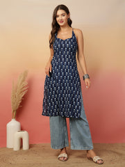 Navy Blue Printed Stylish Back Straight Sleeveless Kurta