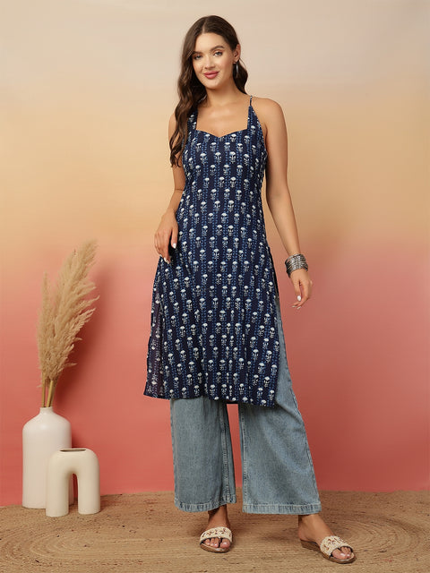 Navy Blue Printed Stylish Back Straight Sleeveless Kurta