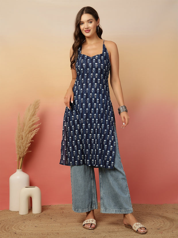 Navy Blue Printed Stylish Back Straight Sleeveless Kurta