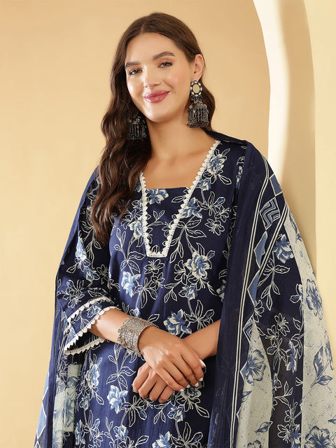 Navy Blue Printed Straight Kurta Set With Dupatta for Women