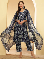 Navy Blue Printed Straight Kurta Set With Dupatta for Women