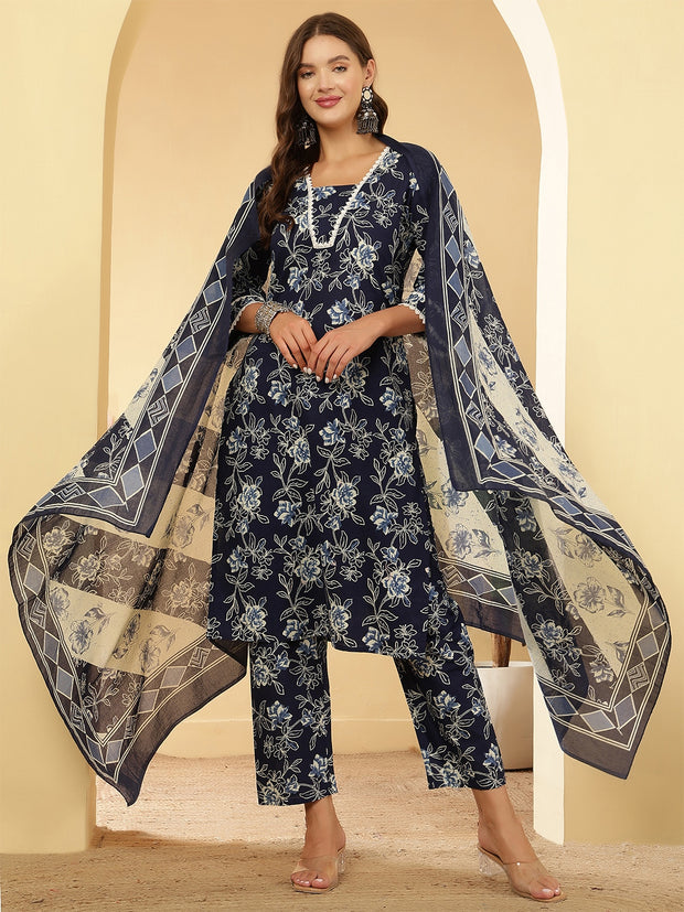 Navy Blue Printed Straight Kurta Set With Dupatta for Women