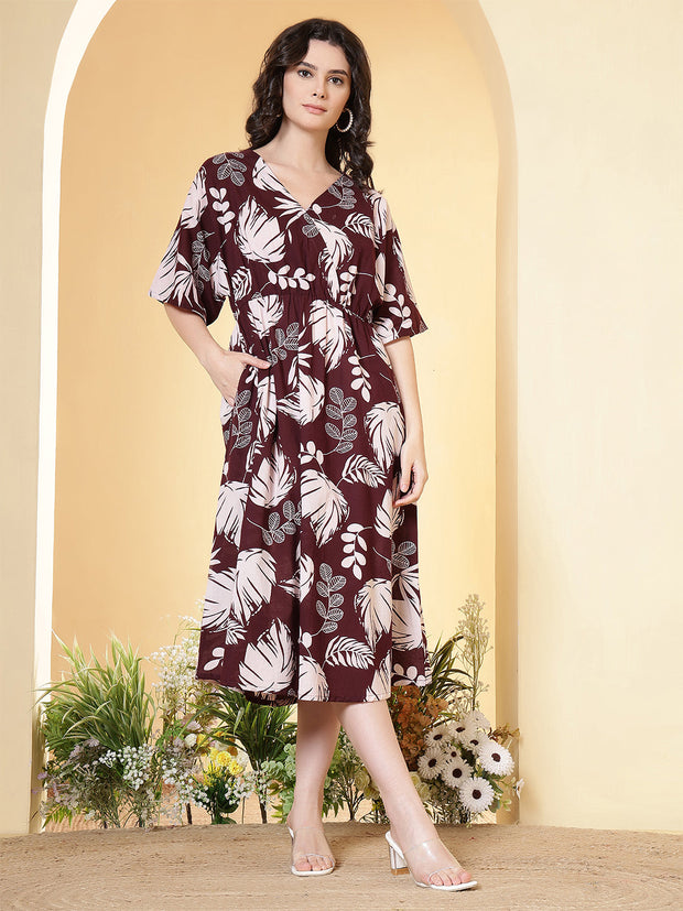 Burgundy Floral Printed Dress for Women