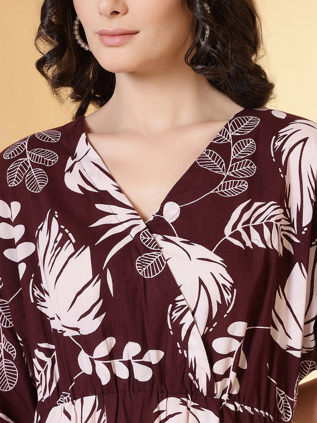 Burgundy Floral Printed Dress for Women