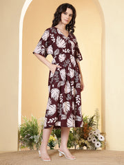 Burgundy Floral Printed Dress for Women