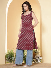 Burgundy Printed Stylish Back Straight Sleeveless Kurta
