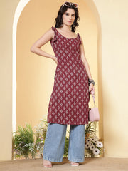 Burgundy Printed Stylish Back Straight Sleeveless Kurta