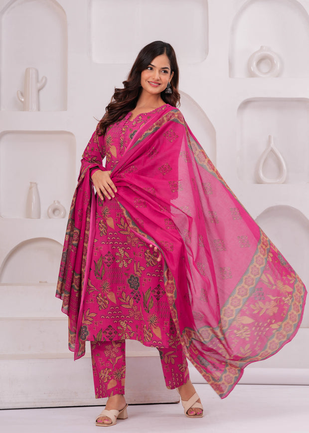 Pink Printed Straight Kurta Set With Dupatta for Women