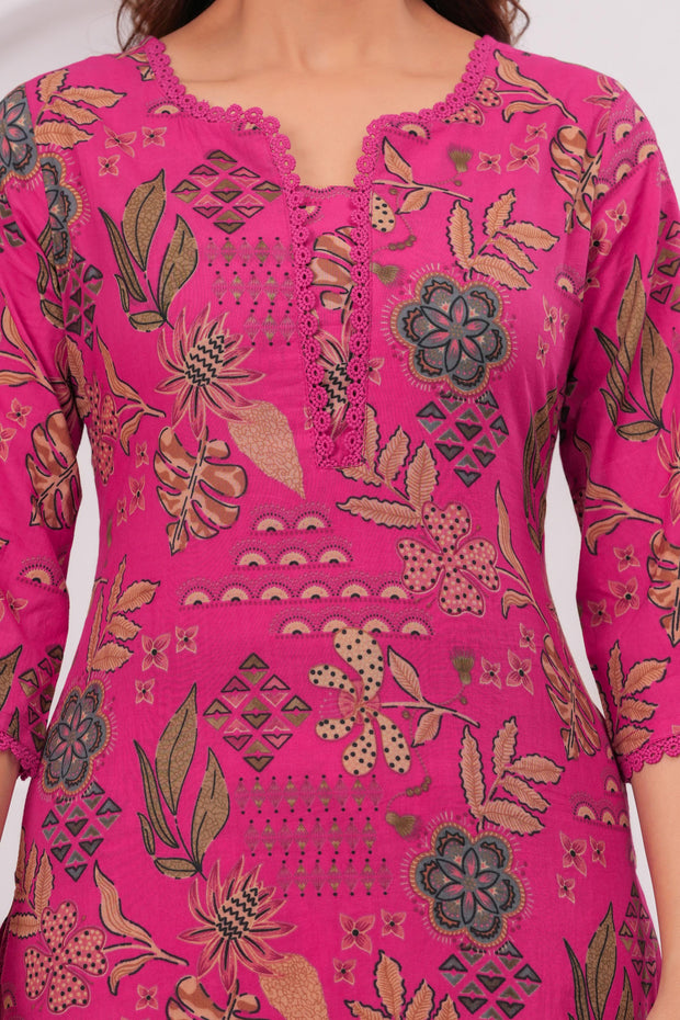 Pink Printed Straight Kurta Set With Dupatta for Women