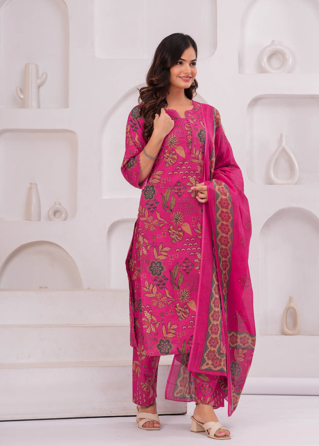 Pink Printed Straight Kurta Set With Dupatta for Women