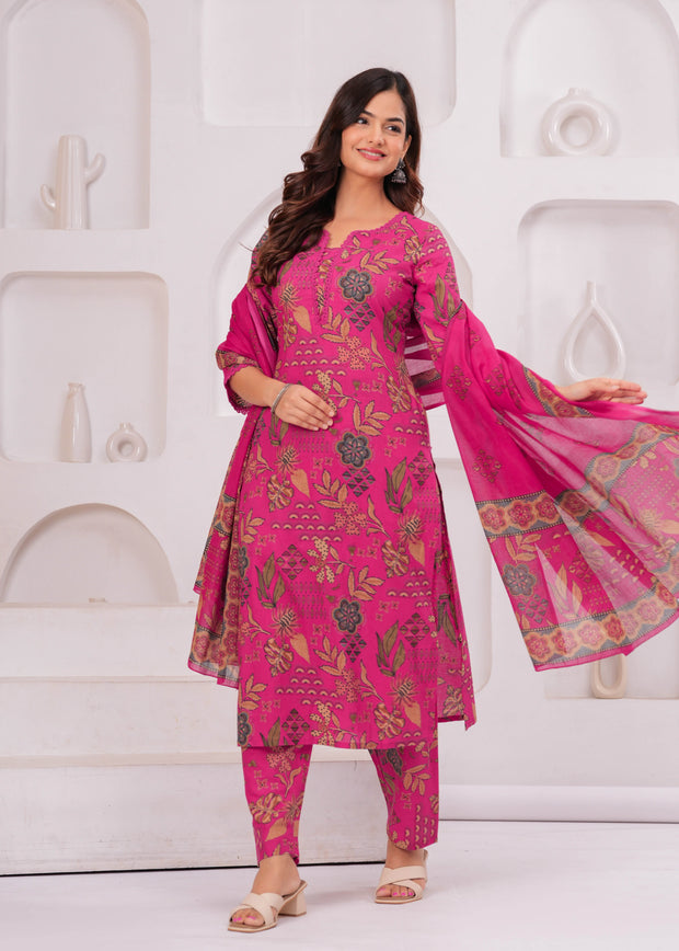 Pink Printed Straight Kurta Set With Dupatta for Women