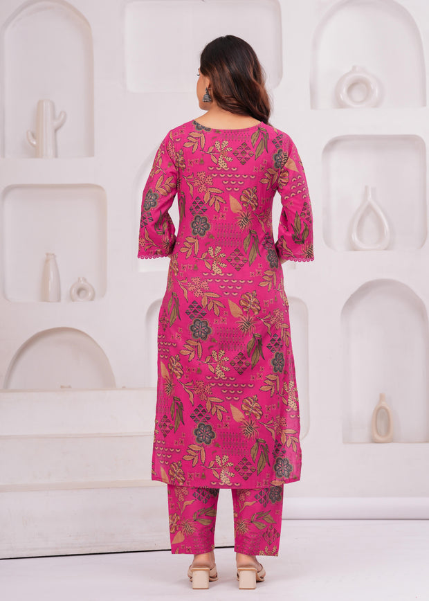 Pink Printed Straight Kurta Set With Dupatta for Women