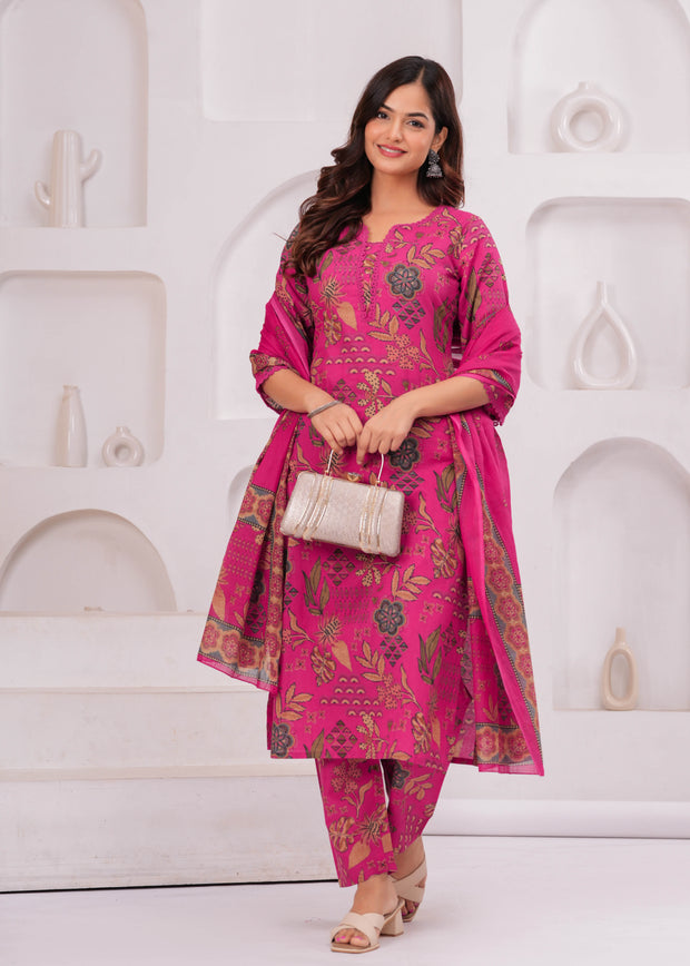 Pink Printed Straight Kurta Set With Dupatta for Women