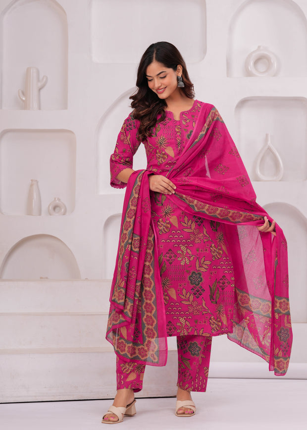 Pink Printed Straight Kurta Set With Dupatta for Women