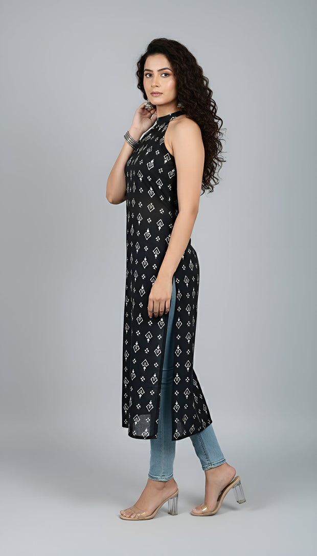 Black Printed Stylish Back Straight Sleeveless Kurta