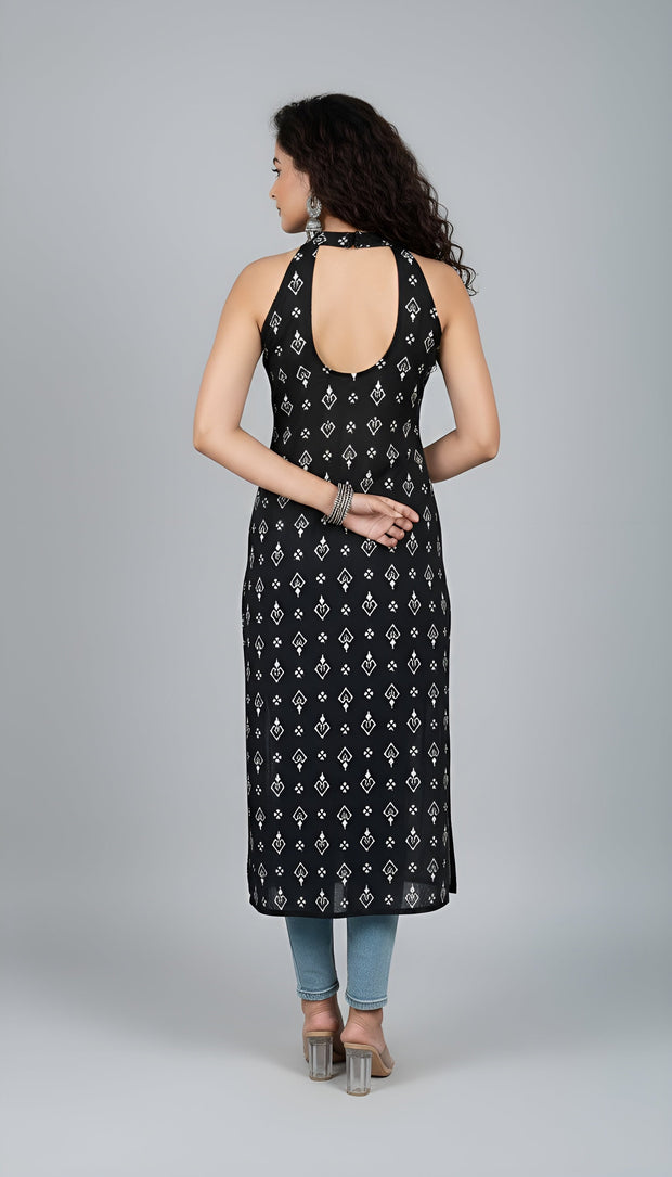 Black Printed Stylish Back Straight Sleeveless Kurta