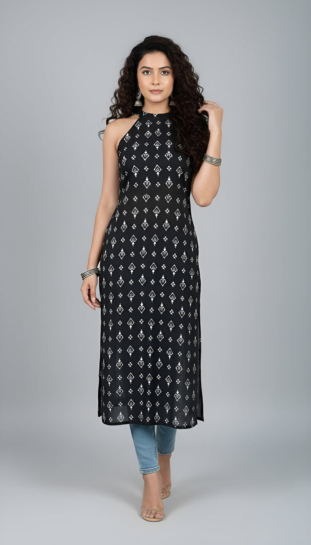 Black Printed Stylish Back Straight Sleeveless Kurta