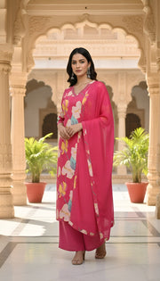 Pink Printed Straight Kurta Set With Dupatta for Women