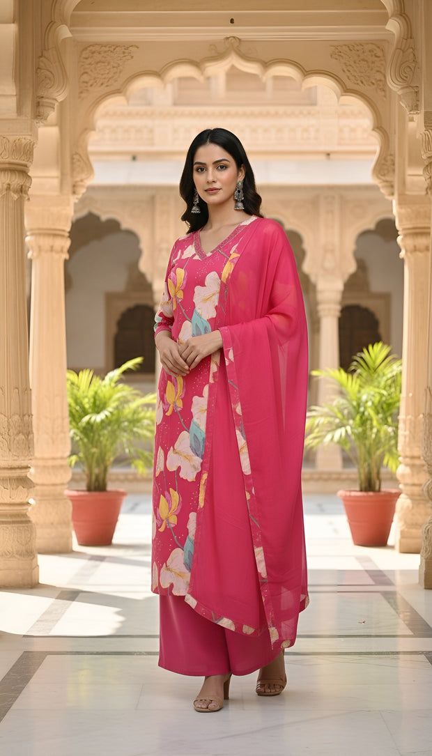 Pink Printed Straight Kurta Set With Dupatta for Women