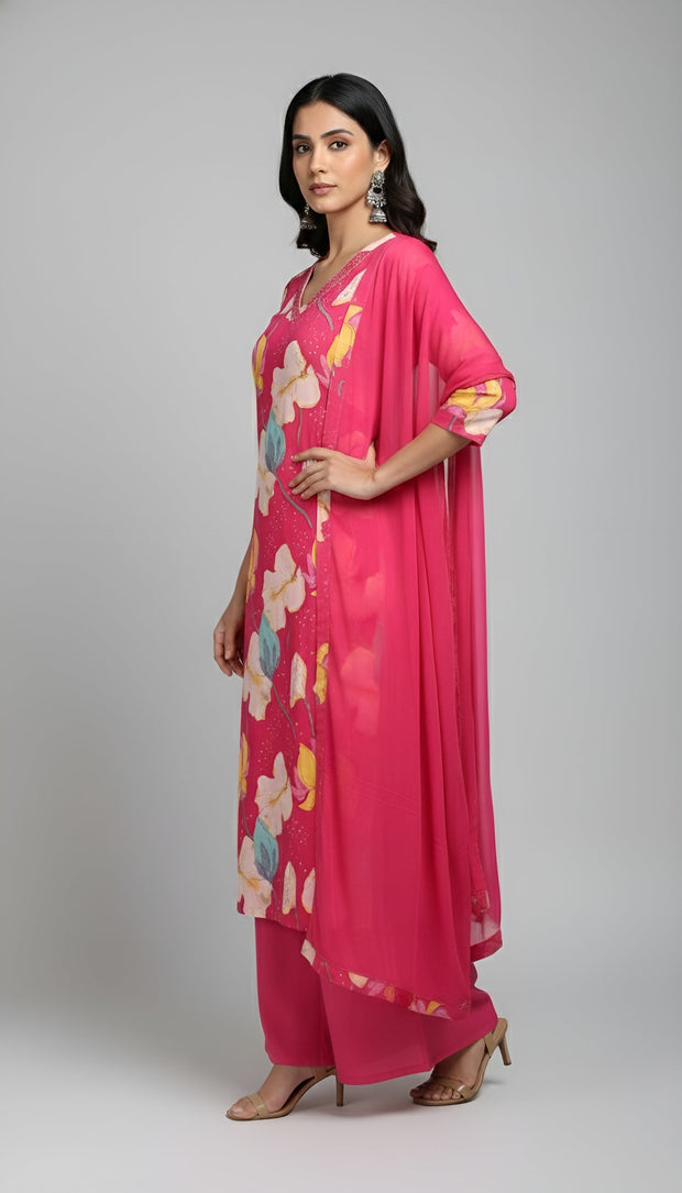 Pink Printed Straight Kurta Set With Dupatta for Women