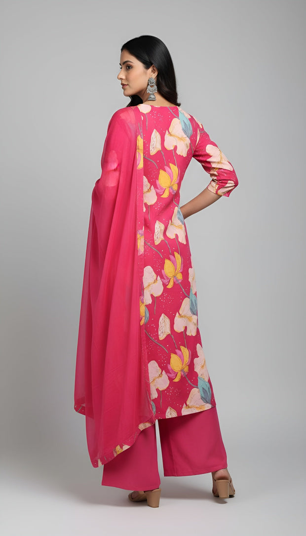 Pink Printed Straight Kurta Set With Dupatta for Women